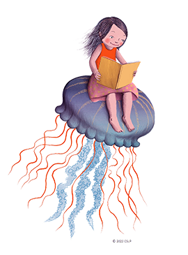 kid reading while sitting on jellyfish